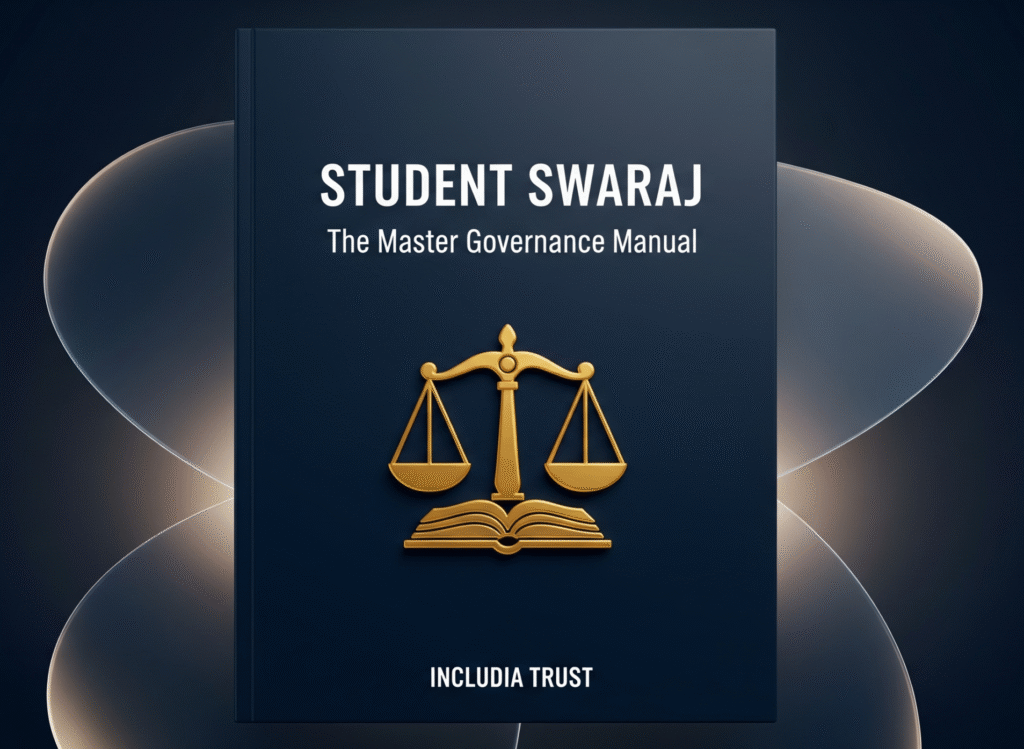 A hyper-realistic 3D book cover titled 'Student Swaraj: The Master Governance Manual', featuring a golden emblem of justice scales and an open book on a deep navy blue background.
