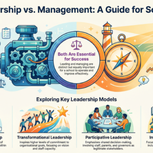 An educational infographic comparing school management as the "Engine of Stability" and leadership as the "Compass for Change," with summaries of Managerial, Transformational, Participative, and Instructional leadership models.